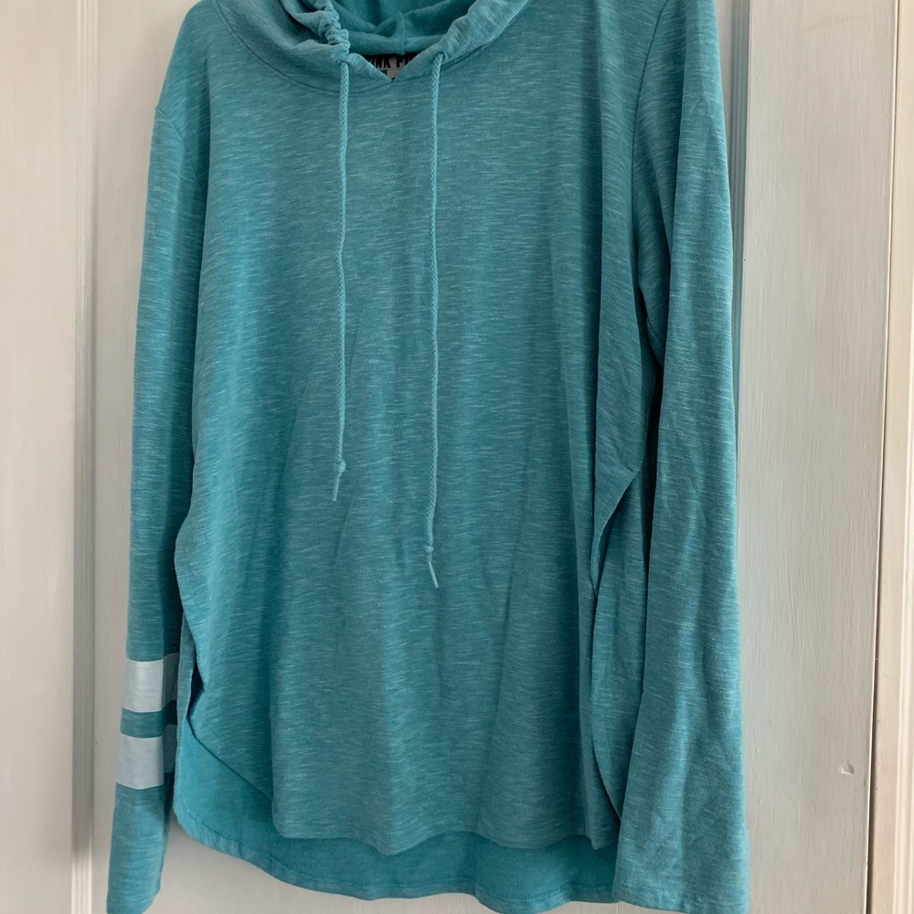 Teal light way sweater with hood.